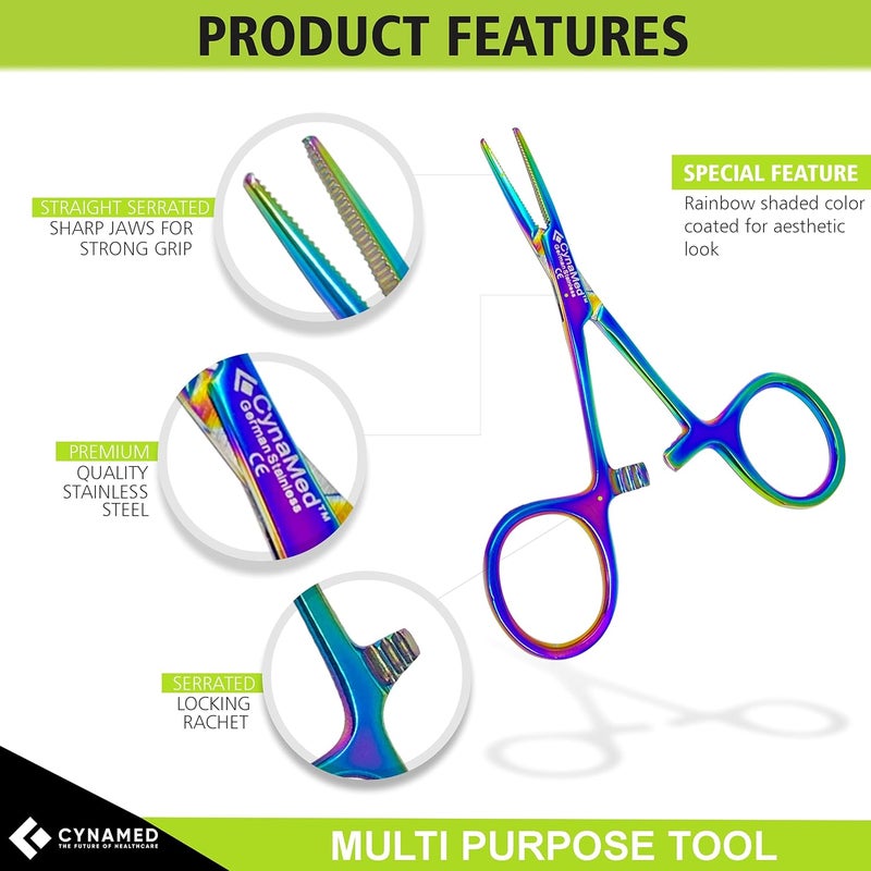 CYNAMED Mosquito Hemostatic Forceps with Multicolor/Rainbow Titanium Coating - Premium Quality - Hemostat Clamping Pliers with Serrated Jaws - 3.5 in. (Straight) - Image 3